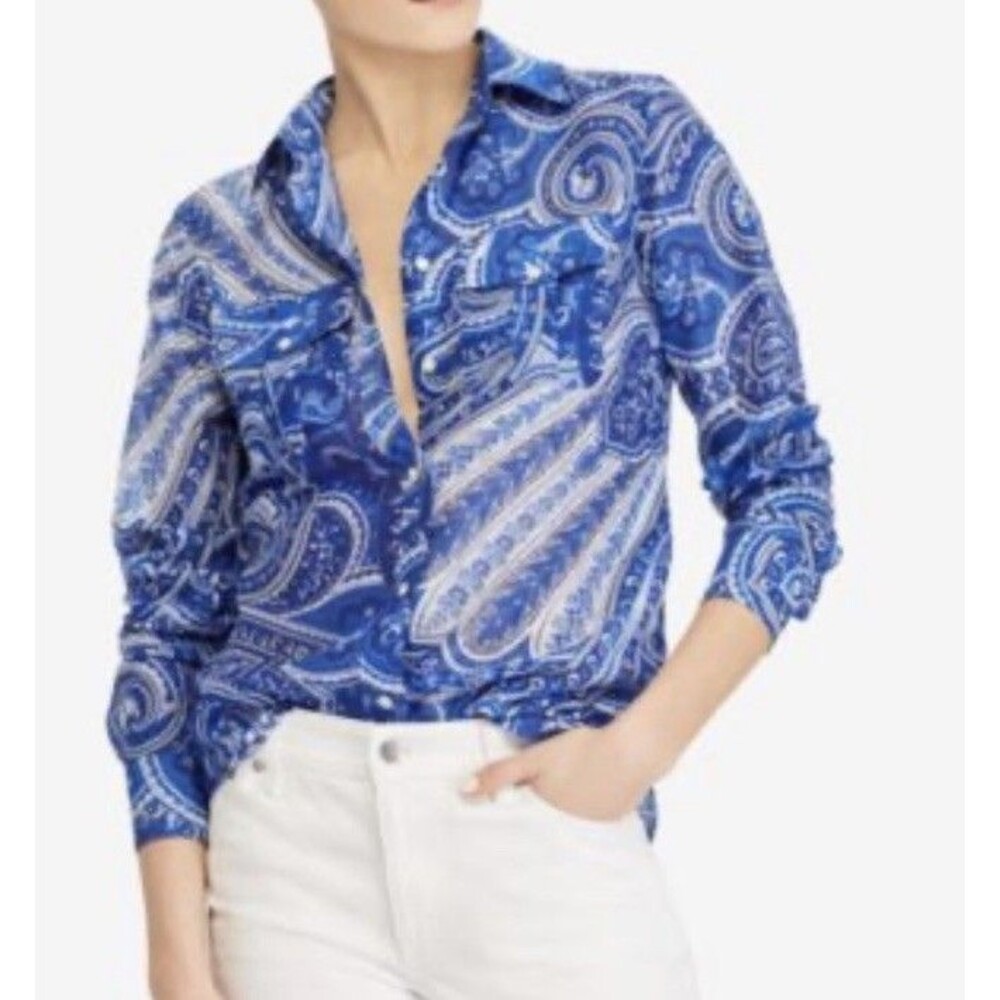 Lauren Ralph Lauren Paisley Women's Shirt Silk & Cotton Blend Button Down Sz 2X